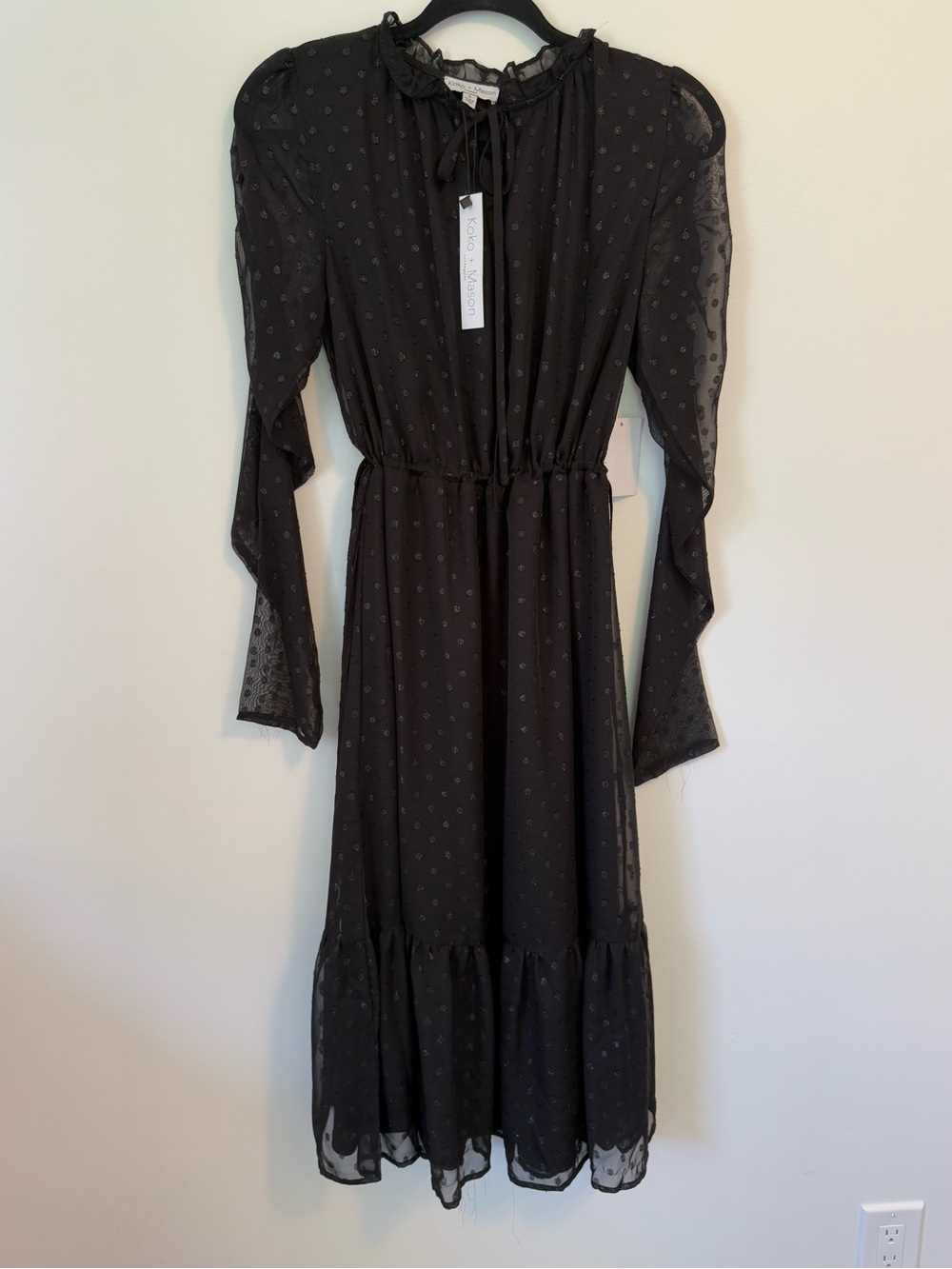 NWT  Black Swiss Dot Tie-Neck Midi Dress